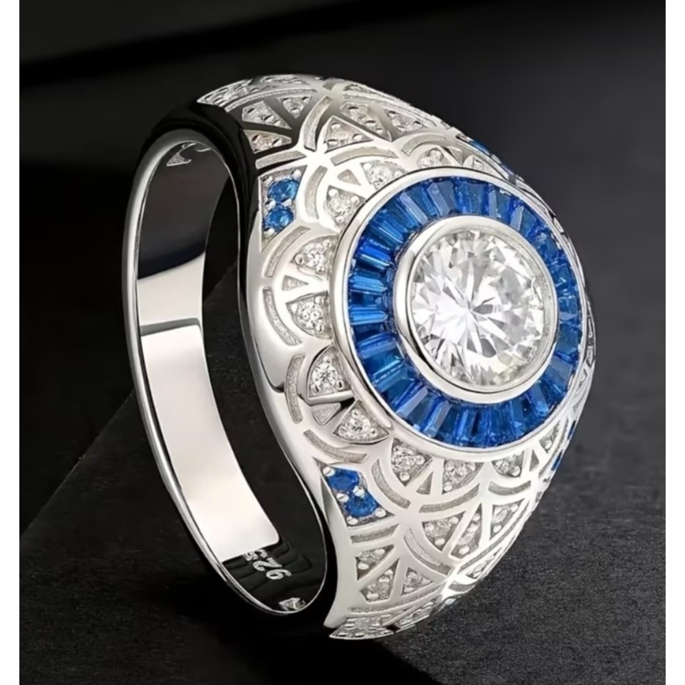 Men's Women's Silver plated Ring with 3 carat blue size 9